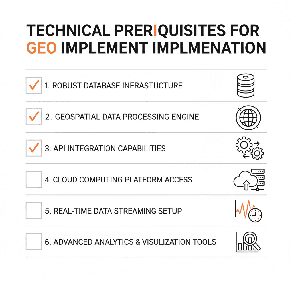 GEO implementation checklist covering schema markup, indexing, and content audit requirements