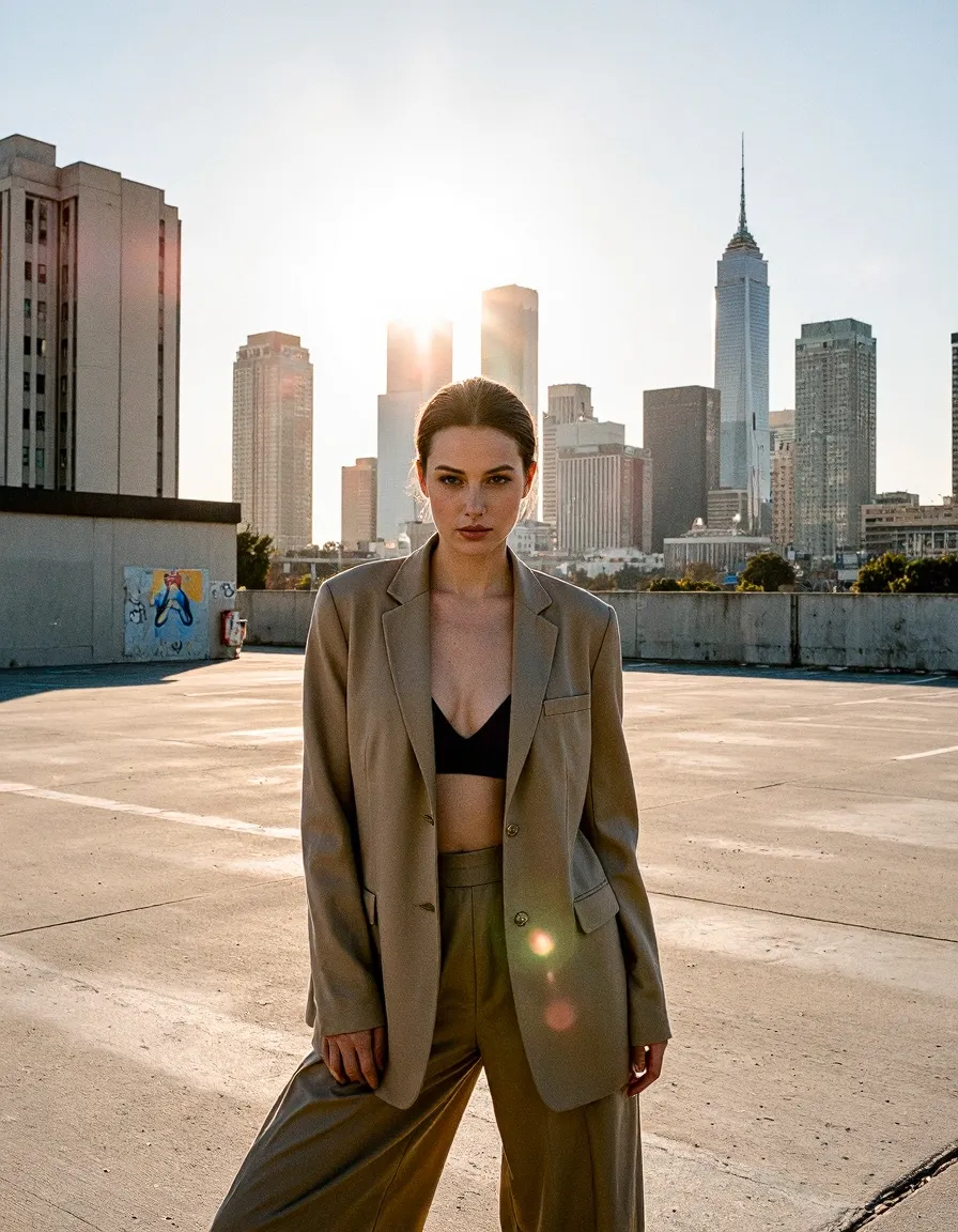 Woman in olive blazer and trousers on urban rooftop with city skyline background during golden hour