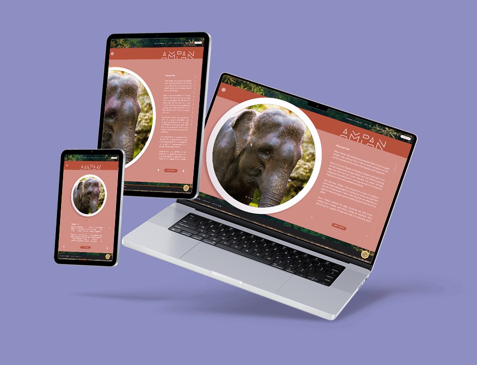 A laptop, phone, and tablet showcase a responsive website for the Asian Elephant Rescue, promoting responsible elephant encounters.