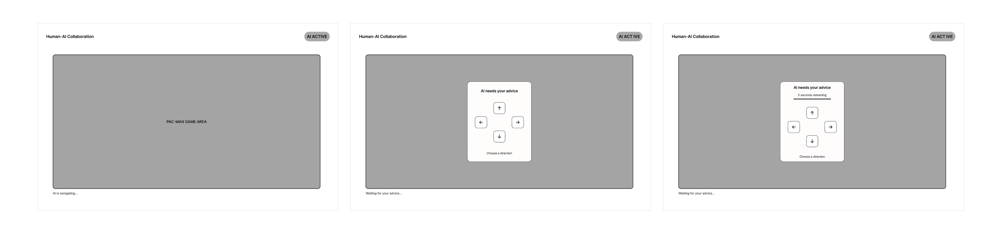Three low-fidelity Figma wireframes for AI playing, untimed advice, and timed advice states.