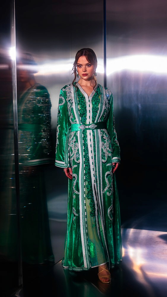 Emerald Moroccan caftan with silver hand embroidery, luxury handcrafted design prepared in Bahrain and finished by Moroccan artisans