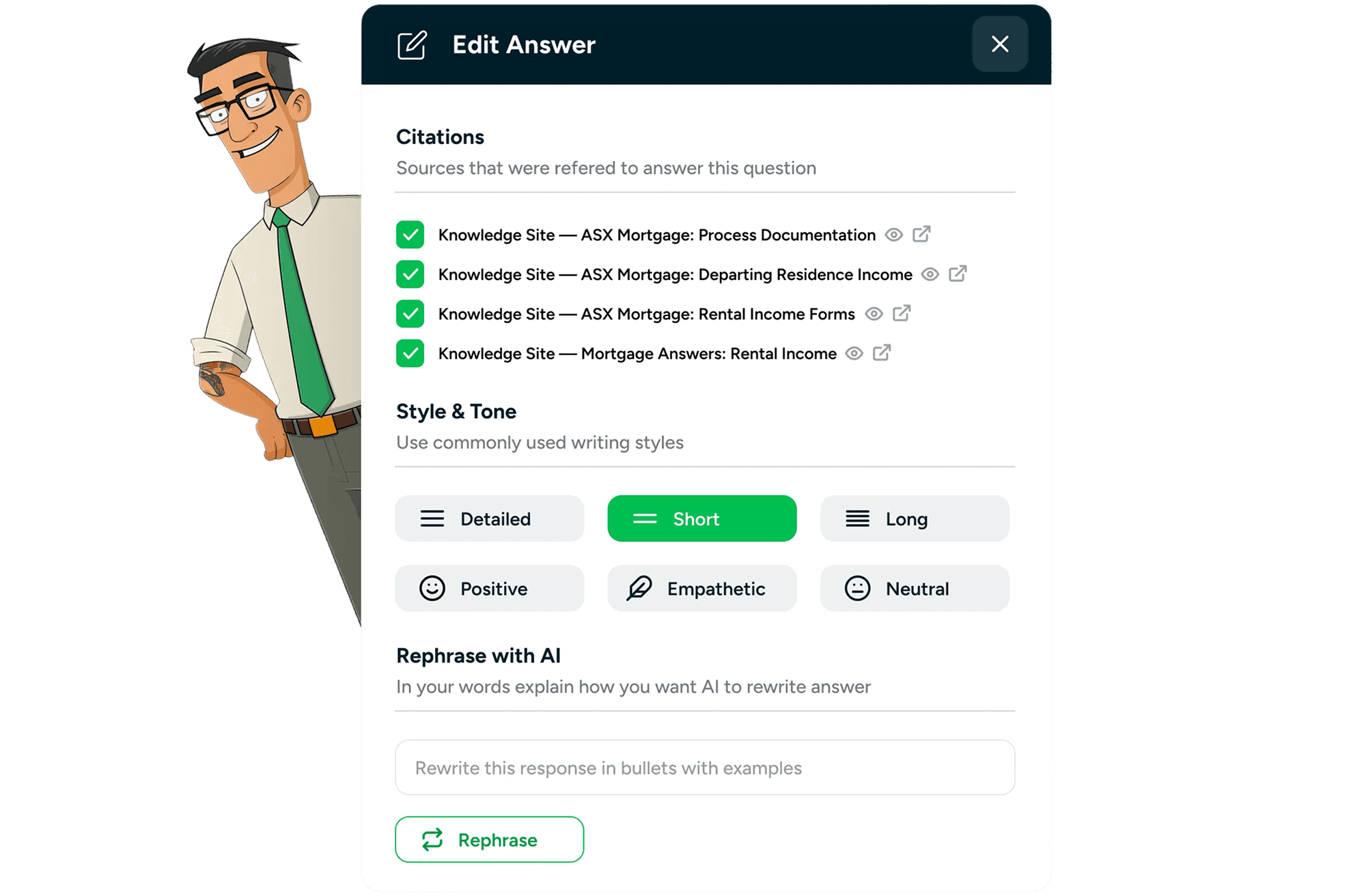 Screenshot of an interface for editing the AI agent’s response settings for a specific question.