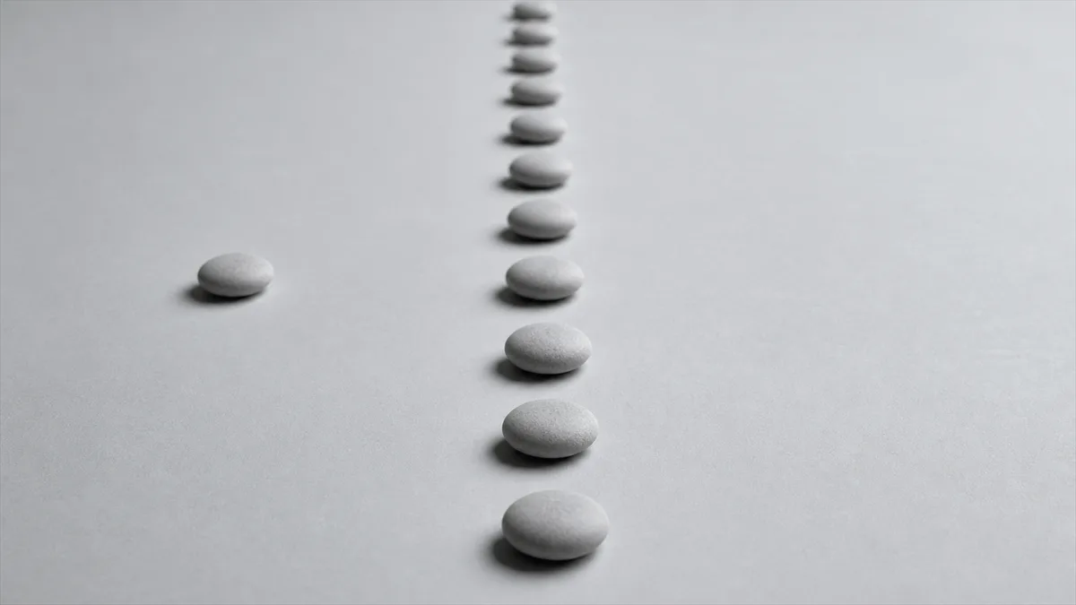 A straight row of pale pebbles on grey paper, with one pebble set apart