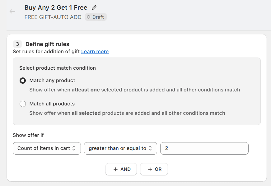 Buy 2 Get 1 Free Gift offer using Monk Shopify