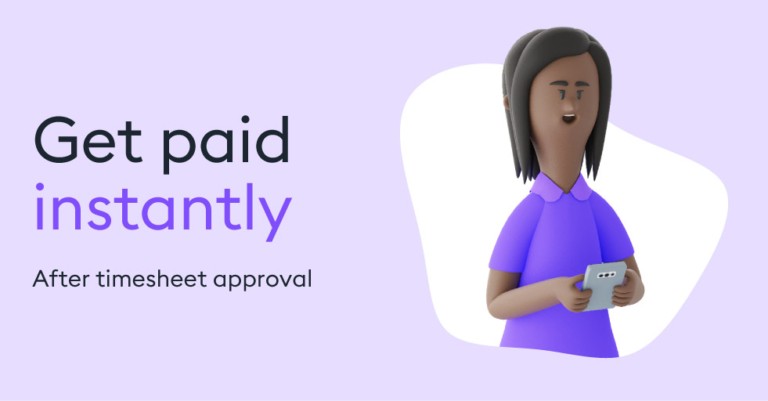 Illustration promoting instant payment after timesheet approval.