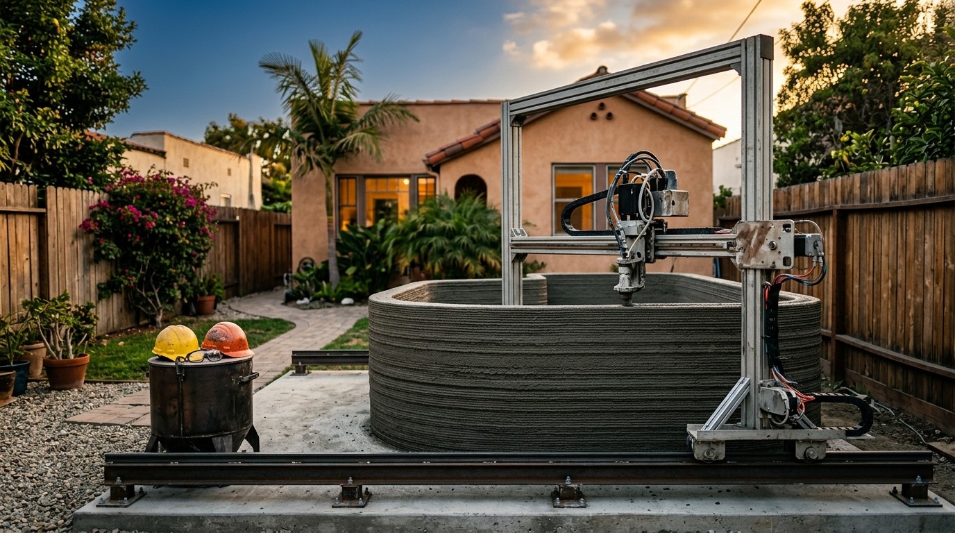 Builtech Construction Group - narrow Los Angeles backyard concrete construction dusk