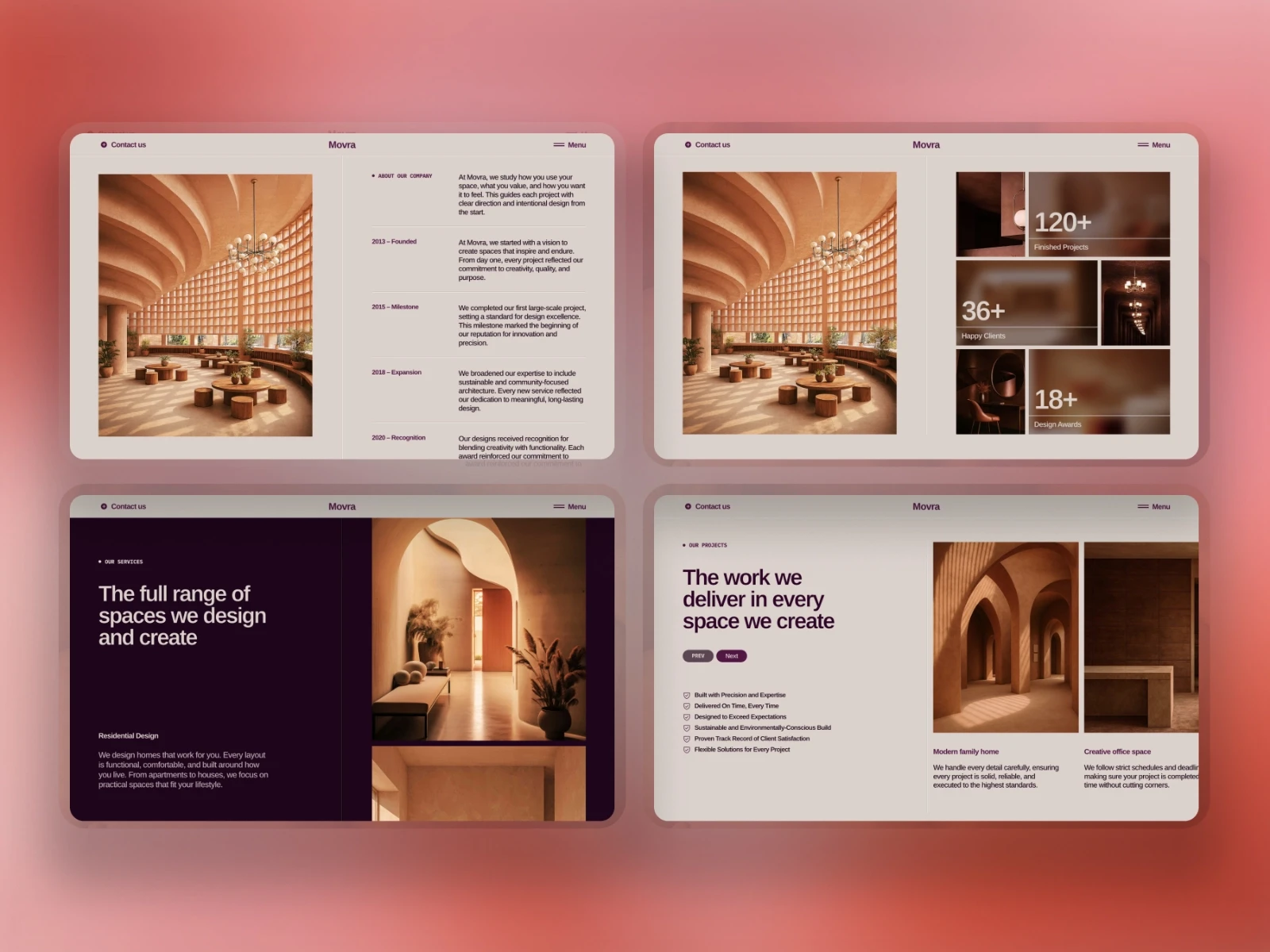 Movra modern architecture portfolio template with four page layouts featuring warm-toned interiors, services, and project stats.