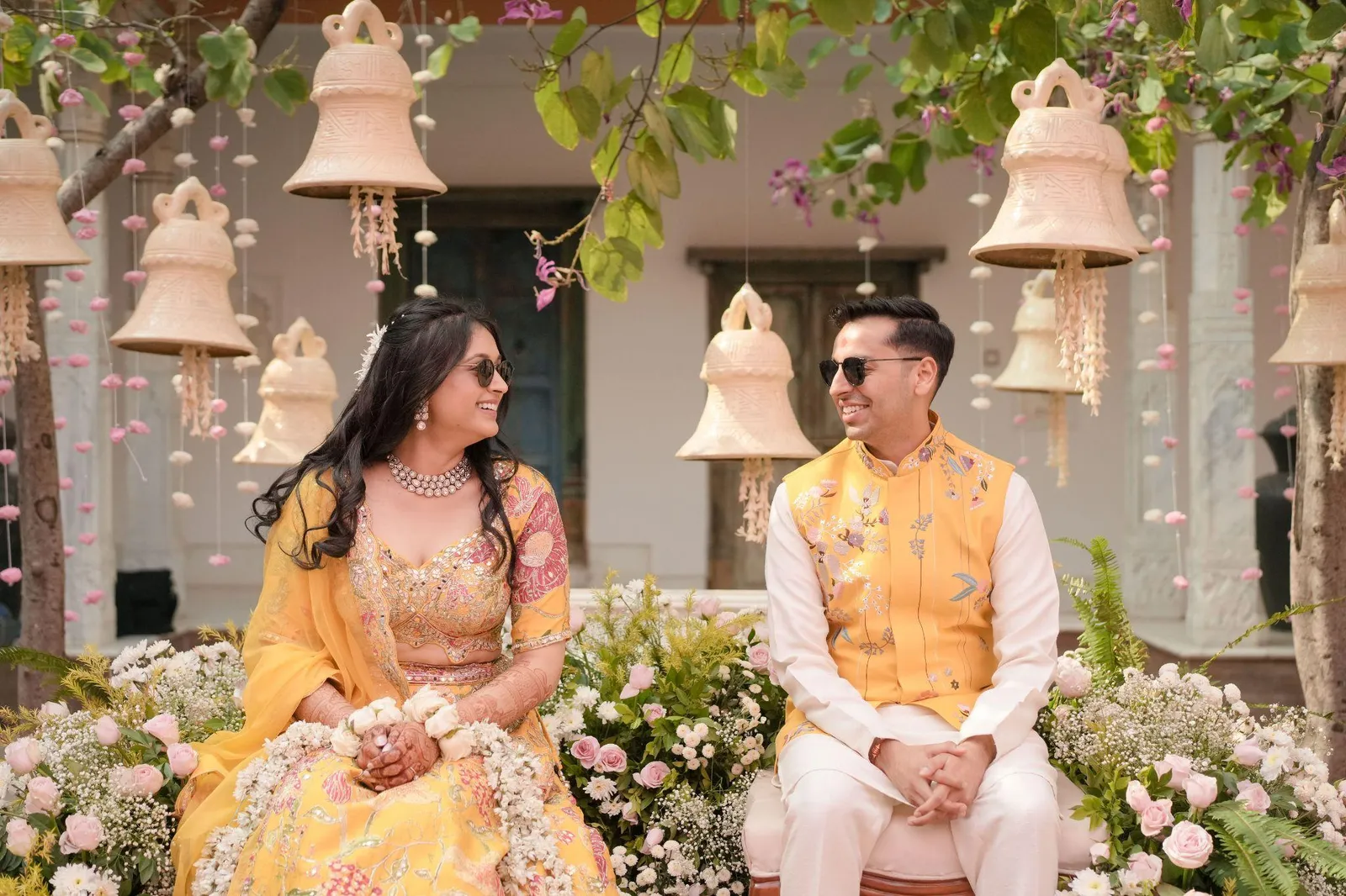 Pastel Haldi family lunch — Aesha and Param real wedding