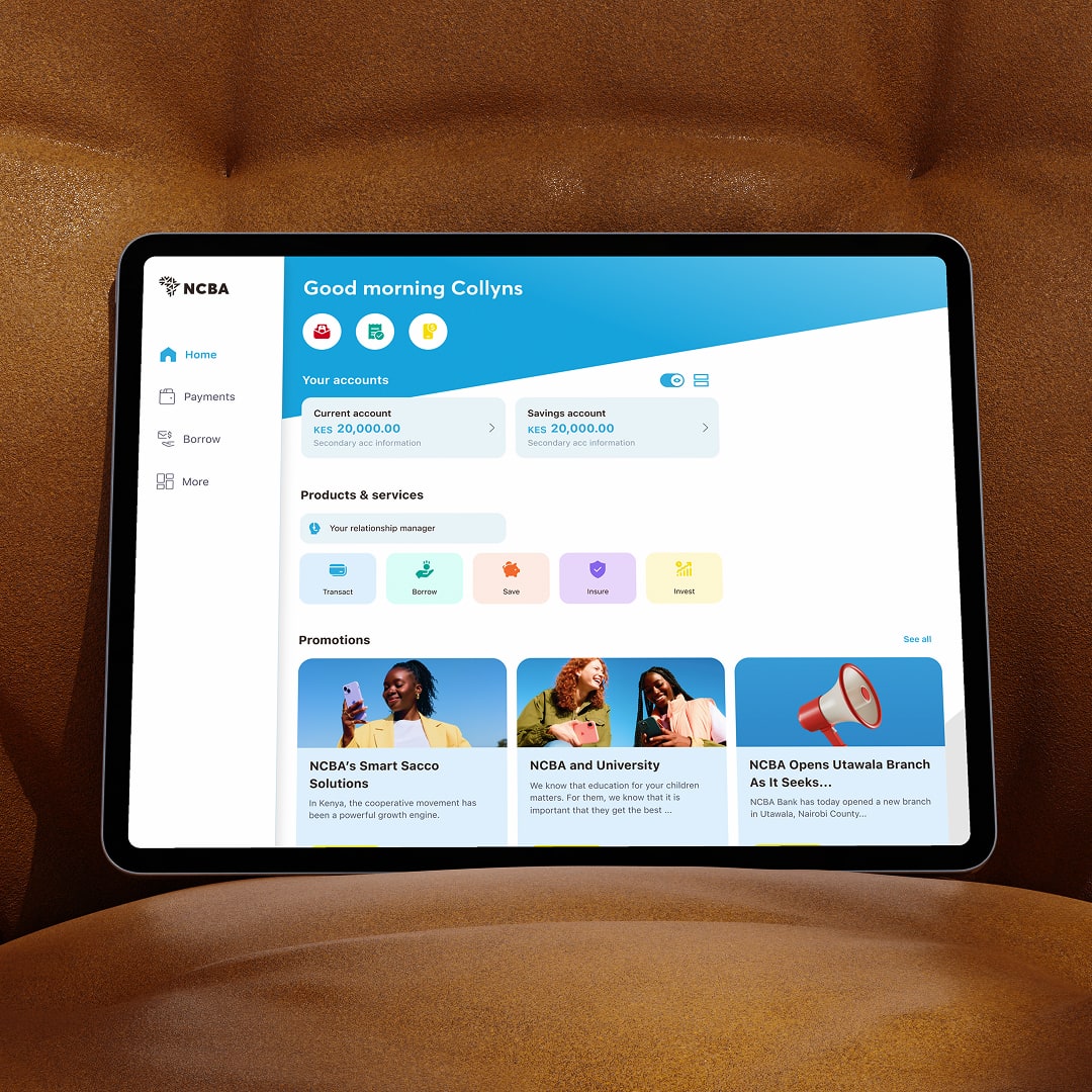 NCBA mobile banking dashboard displayed on an iPad, showing a personalised greeting, account balances, product categories, and promotional content cards.