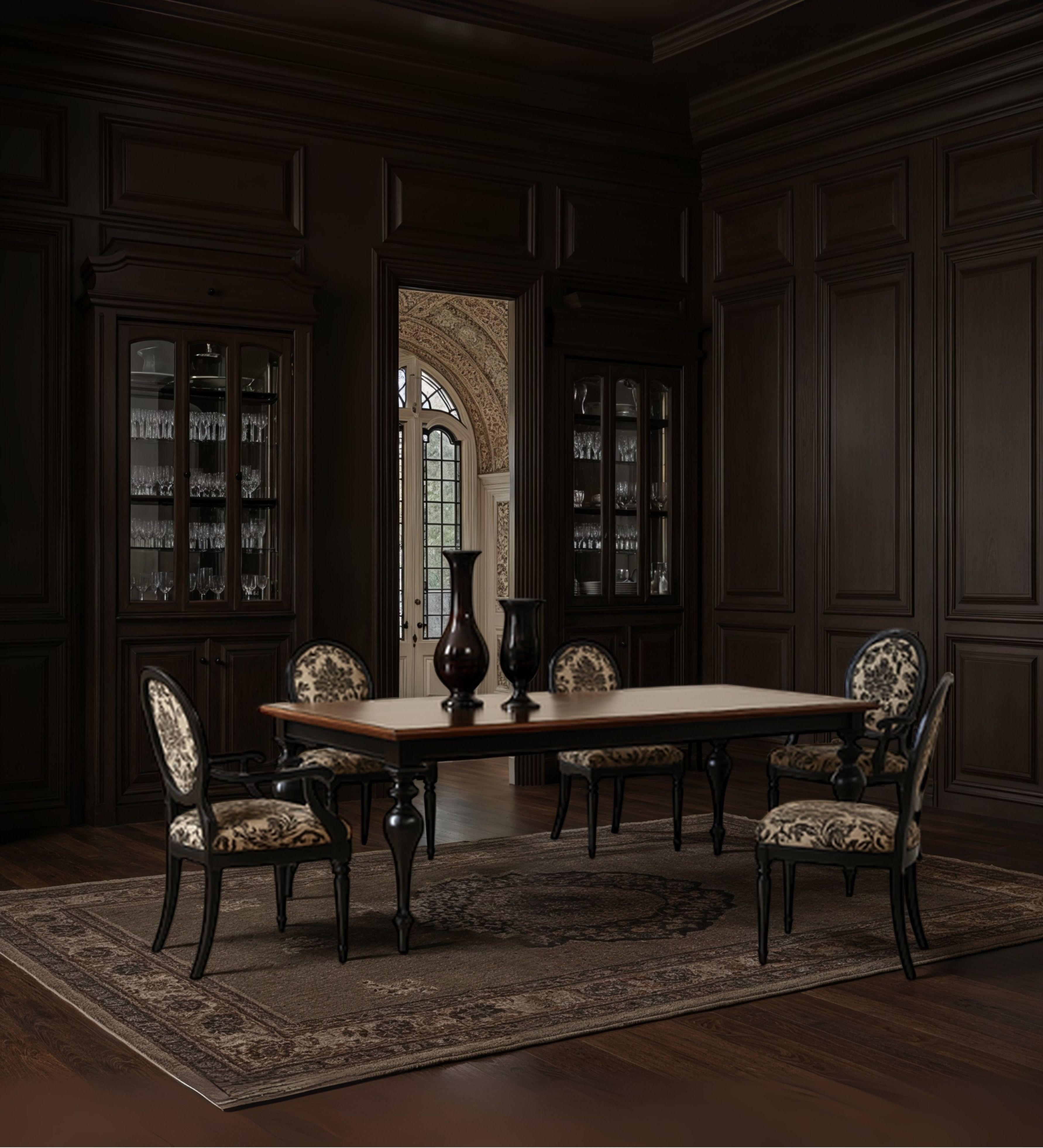 Dark wood dining table with ornate chairs, creating a rich and stately dining atmosphere