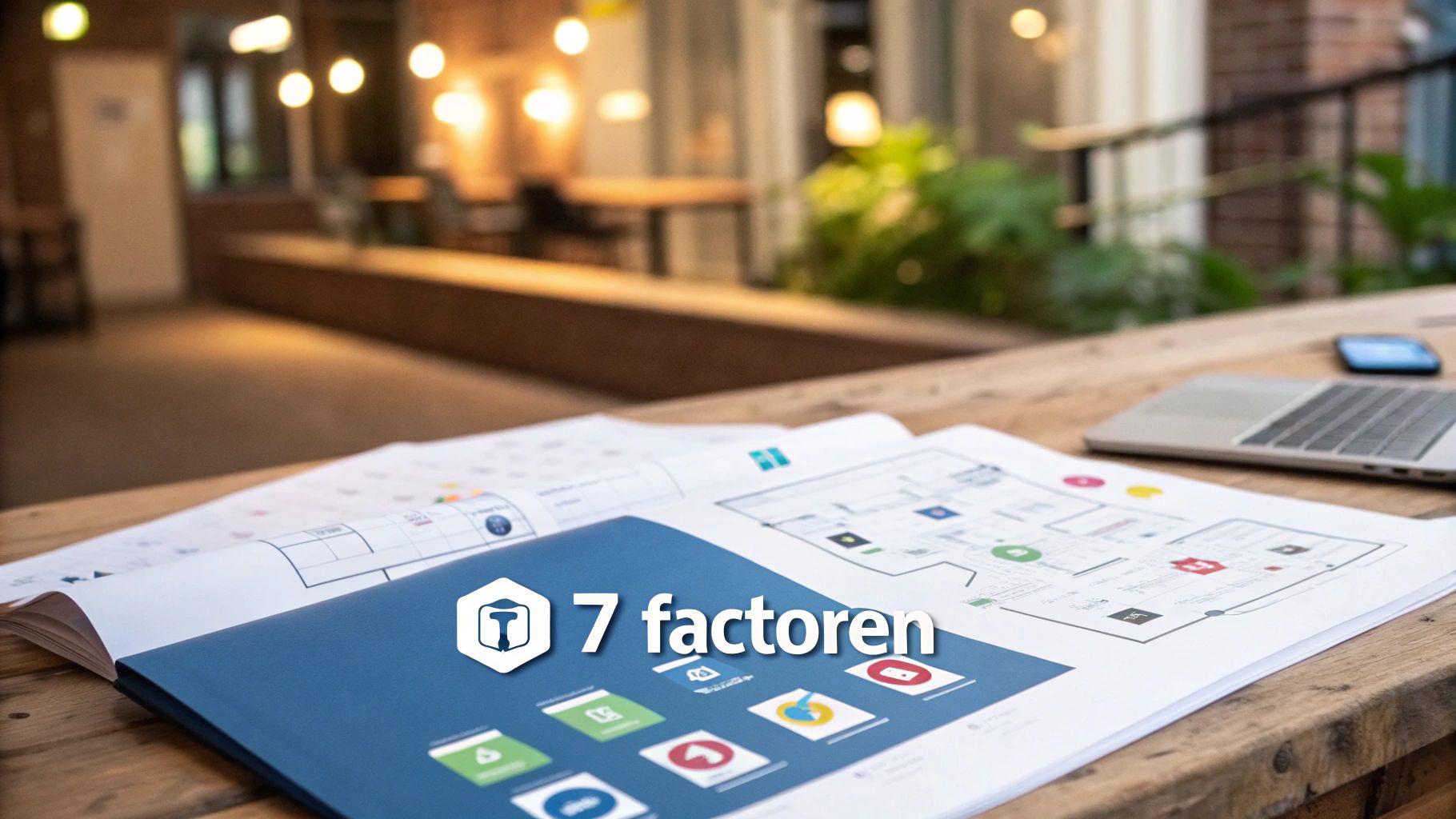 Een close-up van een houten bureau met open documenten, een laptop en een smartphone. De tekst '7 factoren' en een logo zijn zichtbaar op de documenten, tegen een wazige achtergrond van een kantoorruimte.