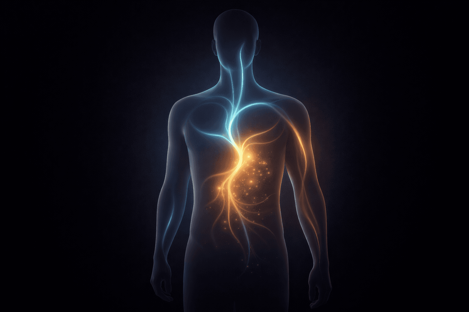 Abstract medical illustration of the human autonomic nervous system highlighting the gut–brain connection, showing neural pathways between the brain and digestive system, symbolizing metabolic health, stress regulation, gut health, energy balance, and preventive healthcare optimization for longevity, presented in a premium, science-led wellness and functional medicine context aligned with Lyxaa’s preventive health philosophy.