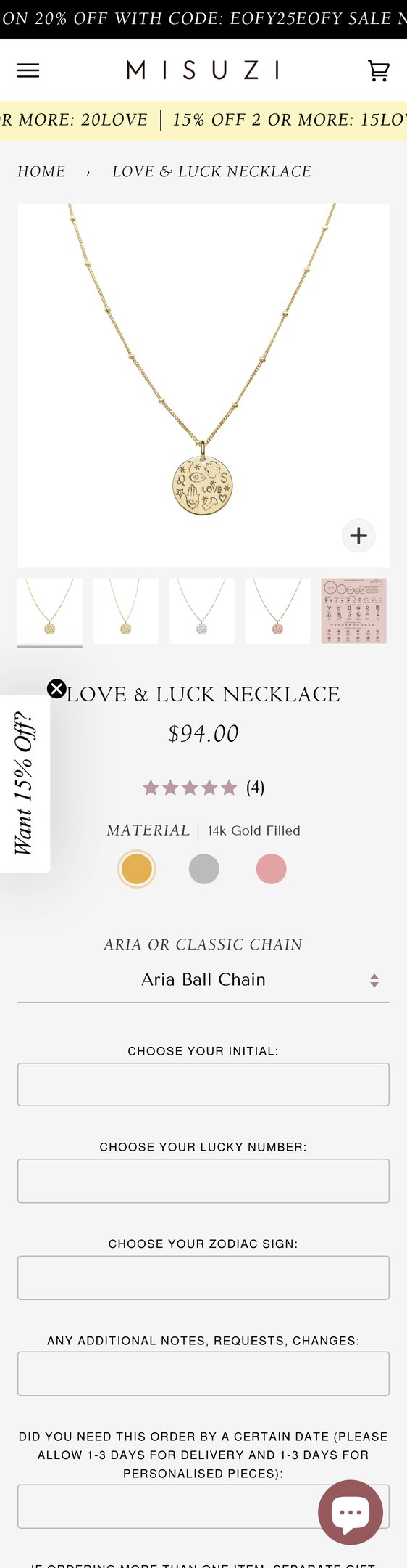 Jewelry product options include: necklace, pendant, chain for Love & Luck Necklace from Misuzi.