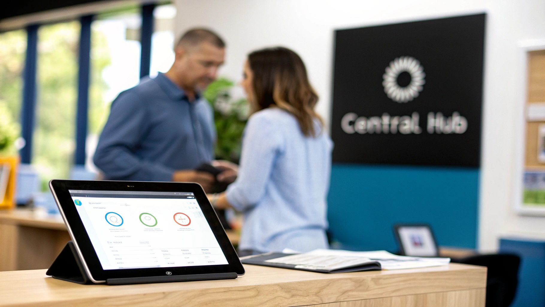 A tablet displaying a CRM dashboard with analytics, in a modern office environment with people.