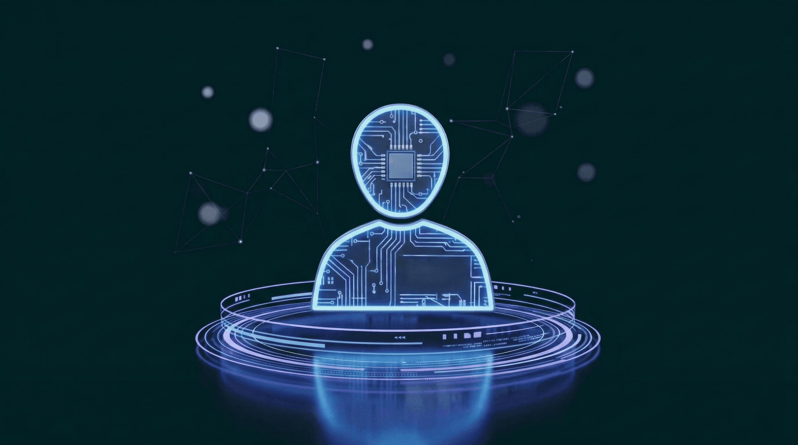 Digitaler KI-Assistent von NOAVIA: Eine blau leuchtende menschliche Silhouette mit Prozessor-Herz illustriert DSGVO-konforme Multi-Agenten-Systeme und Wissensassistenten für Vertrieb, Verwaltung und Onboarding auf Basis von Claude und LangDock.
