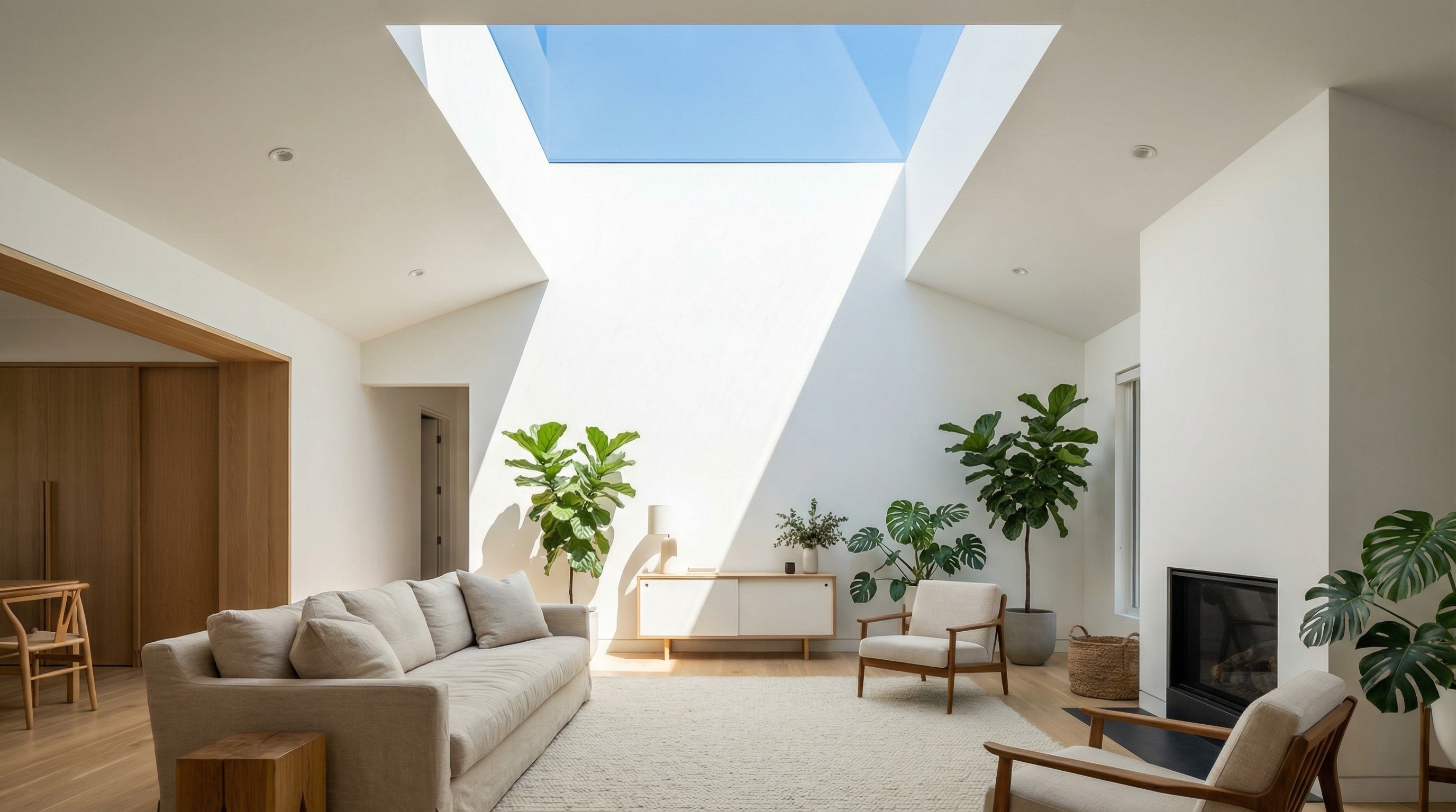 Bright, modern living room with a skylight, a beige sofa, and indoor plants. Sunlight streaming in adds a warm glow.