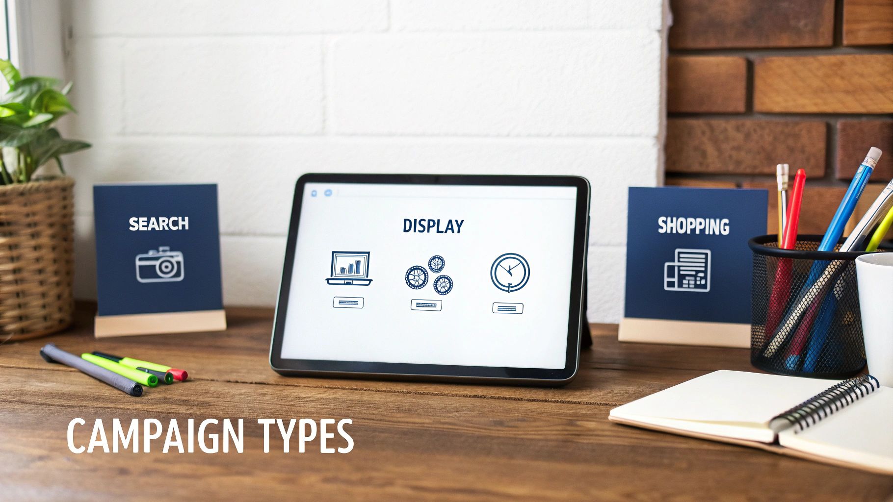 Drie borden en een tablet tonen Google Ads campagnetypes: Zoeken, Display en Shopping, op een houten bureau.