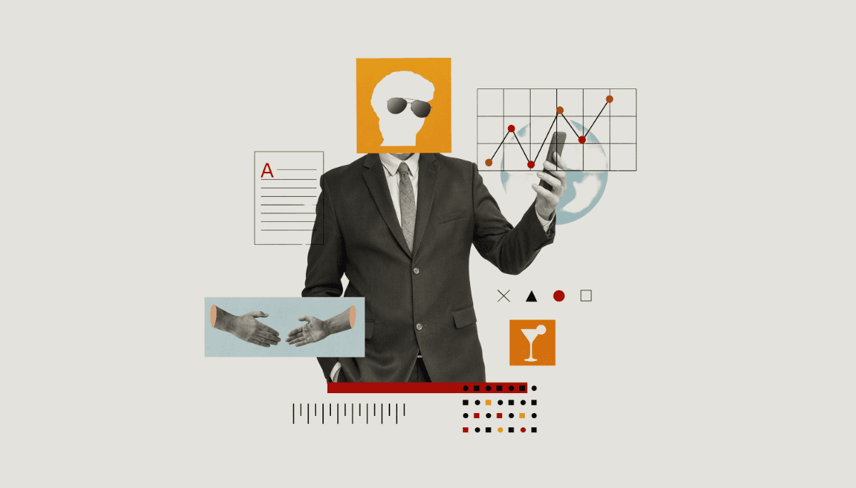 Stylized collage of professional with smartphone and gavel-like business icons, symbolizing fractional CTO role.