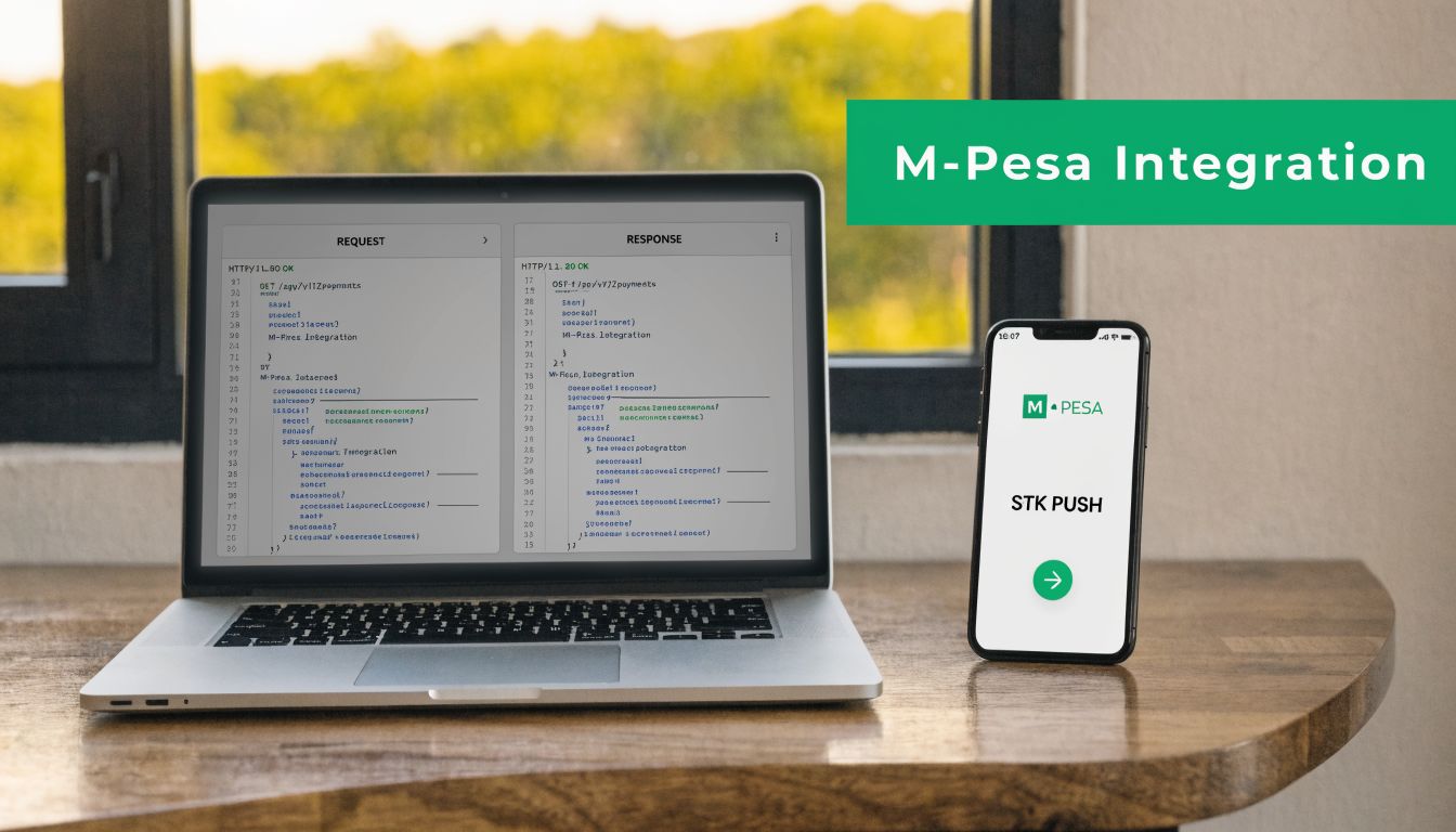 A laptop displaying code for an M-Pesa API integration next to a smartphone showing an STK push screen.