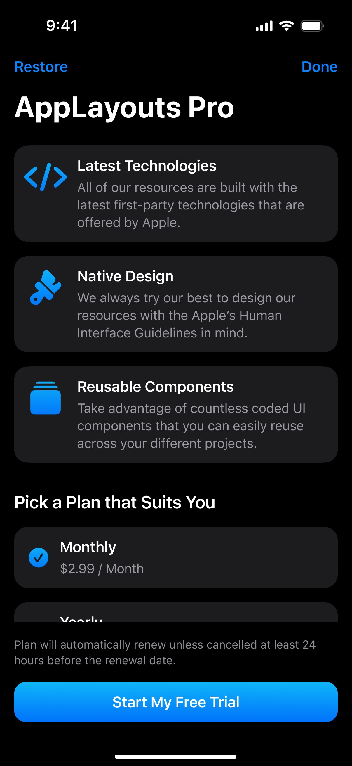 Paywall screen from Native iOS template.