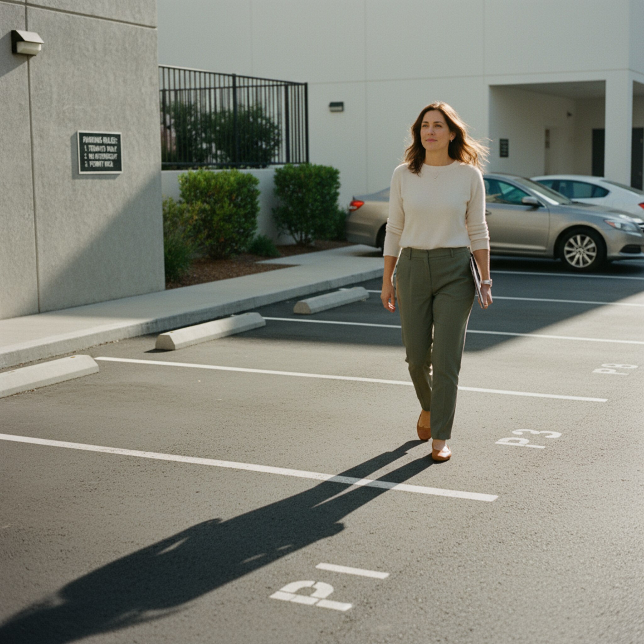 Eine Verwalterin geht eine Reihe nummerierter Stellplätze entlang und prüft unauffällig die Beschilderung. An einer Wand hängt eine kleine Tafel mit klaren Parkregeln. Morgensonne zeichnet scharfe Schatten, die Fläche ist sauber und übersichtlich. Die Szene strahlt Struktur und Verantwortung aus.
