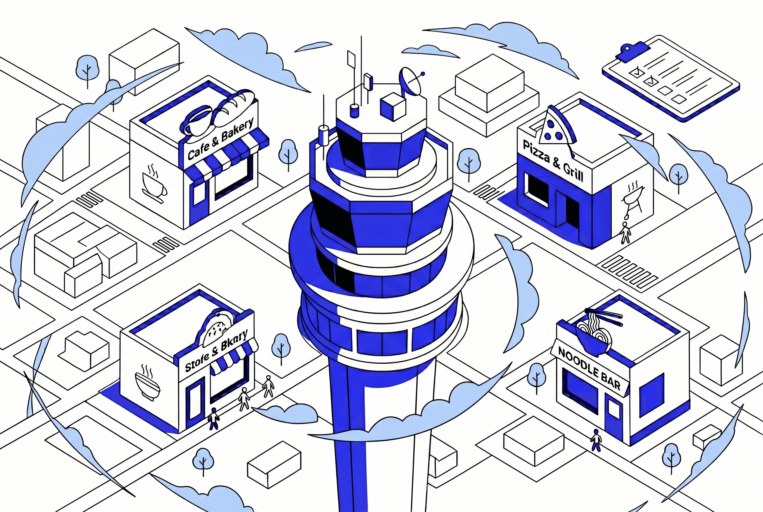 Illustration of a centralized control tower on a city map with store locations scattered across surrounding streets, representing how multi-location brands manage reputation management at scale.