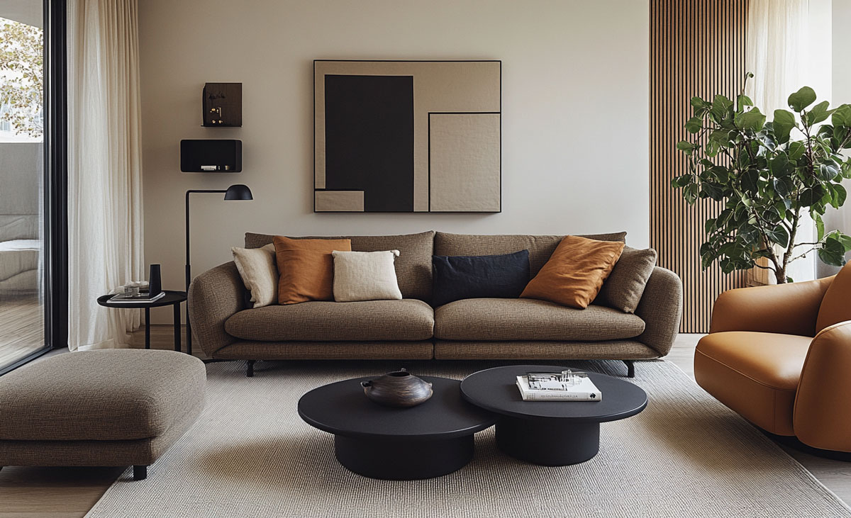 Ein modernes Wohnzimmer mit einem braunen Sofa, neutralen und orangefarbenen Kissen, einem senffarbenen Sessel, zwei runden schwarzen Couchtischen, einer grünen Topfpflanze, abstrakter Wandkunst und sanftem natürlichem Licht aus einem großen Fenster, das in einem atemberaubenden 3D-Rendering zum Leben erweckt wurde.