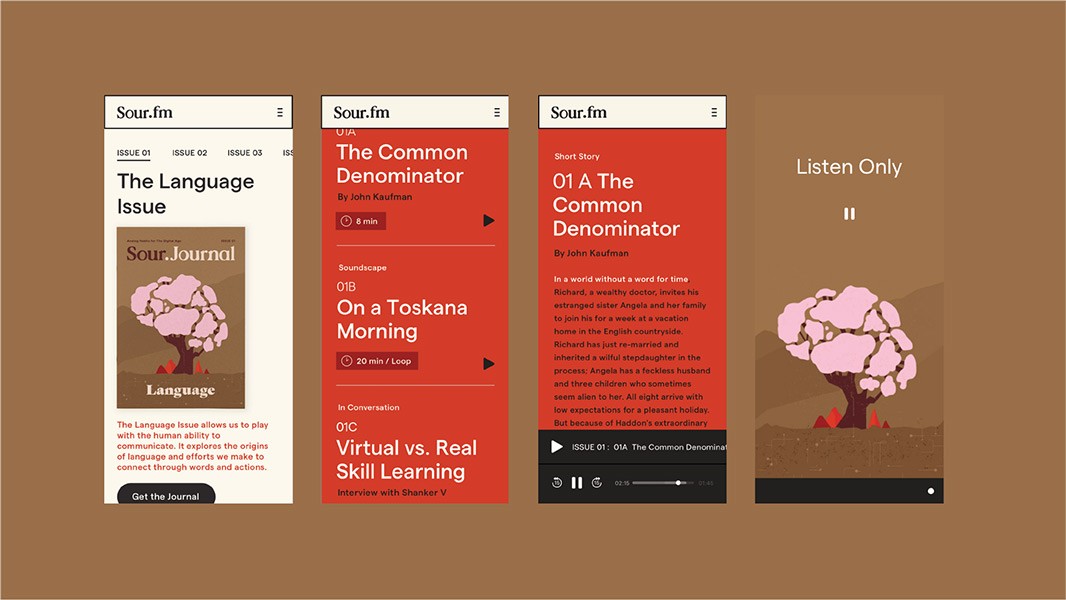 Four Sour.fm pages are displayed: Issue 01 (white background with pink tree and text), Issue 02 (white background with pink tree and text), Issue 03 (white background with pink tree and text), and Issue 04 (white background with pink tree and text). Each page includes text, images, and play buttons.