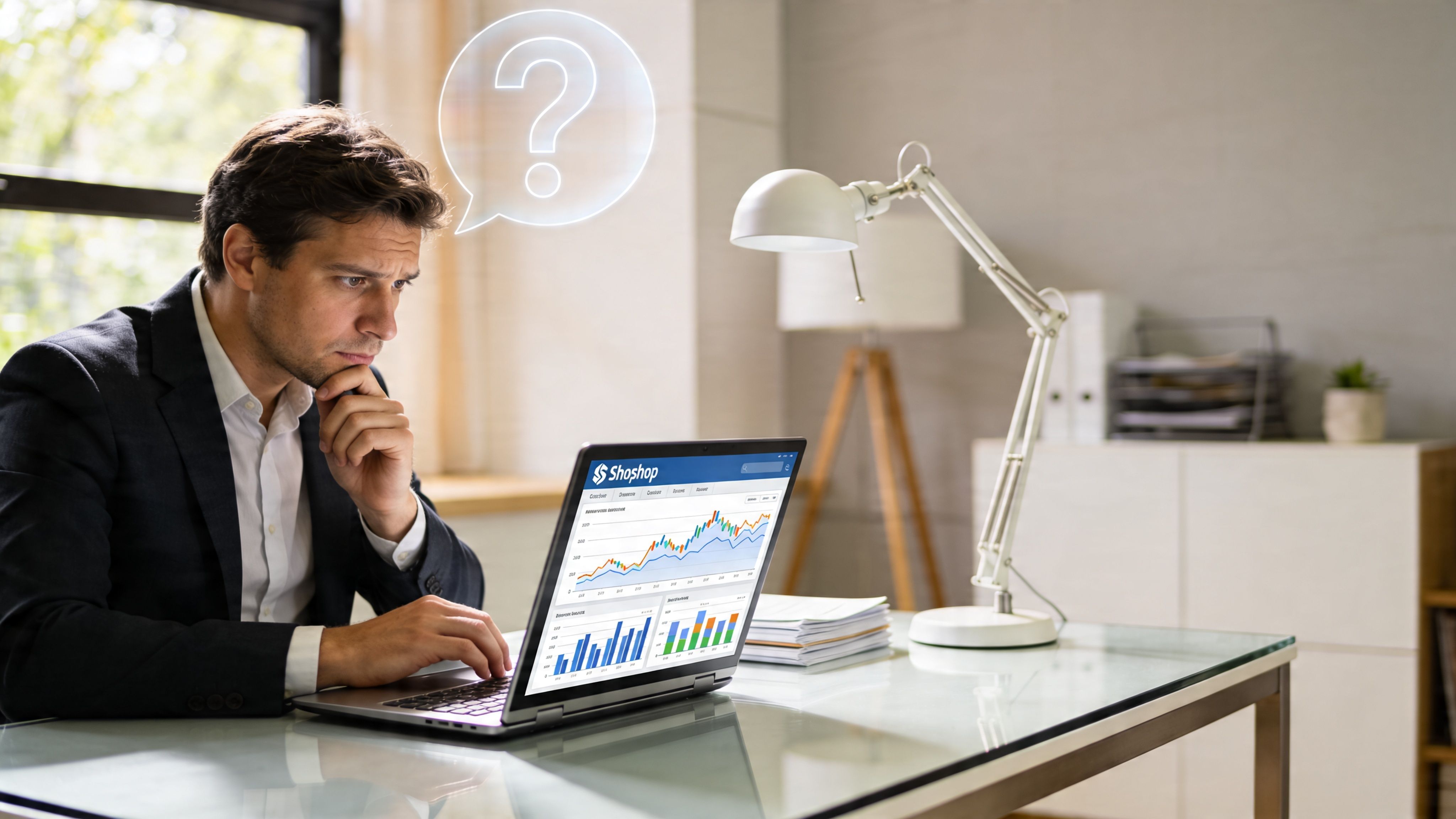 A businessman looking confused at shopify e-commerce performance analytics displayed on a laptop screen at his desk.
