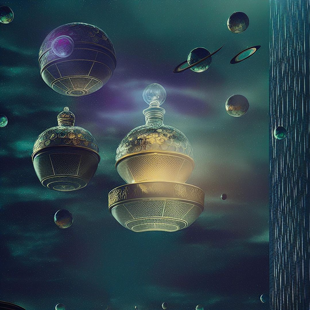 Celebrating Guerlain Bee Bottle 170th anniversary by redesigning it shaped like a futuristic spacecraft among planet through generative AI.