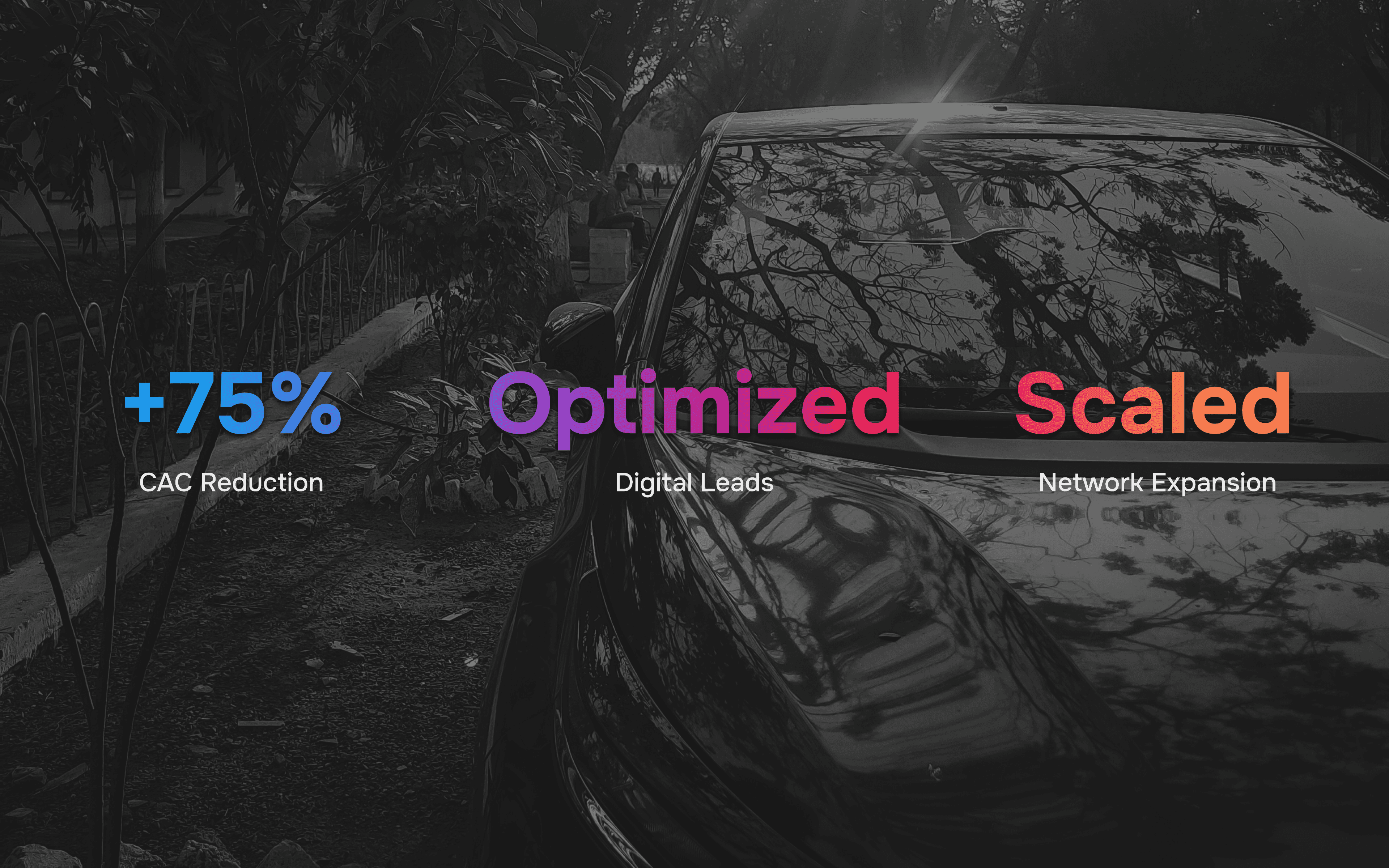 Image of outcomes for Tata Motors, including 75% decrease in customer acquisition costs, optimized digital leads, and scaled network expansions.