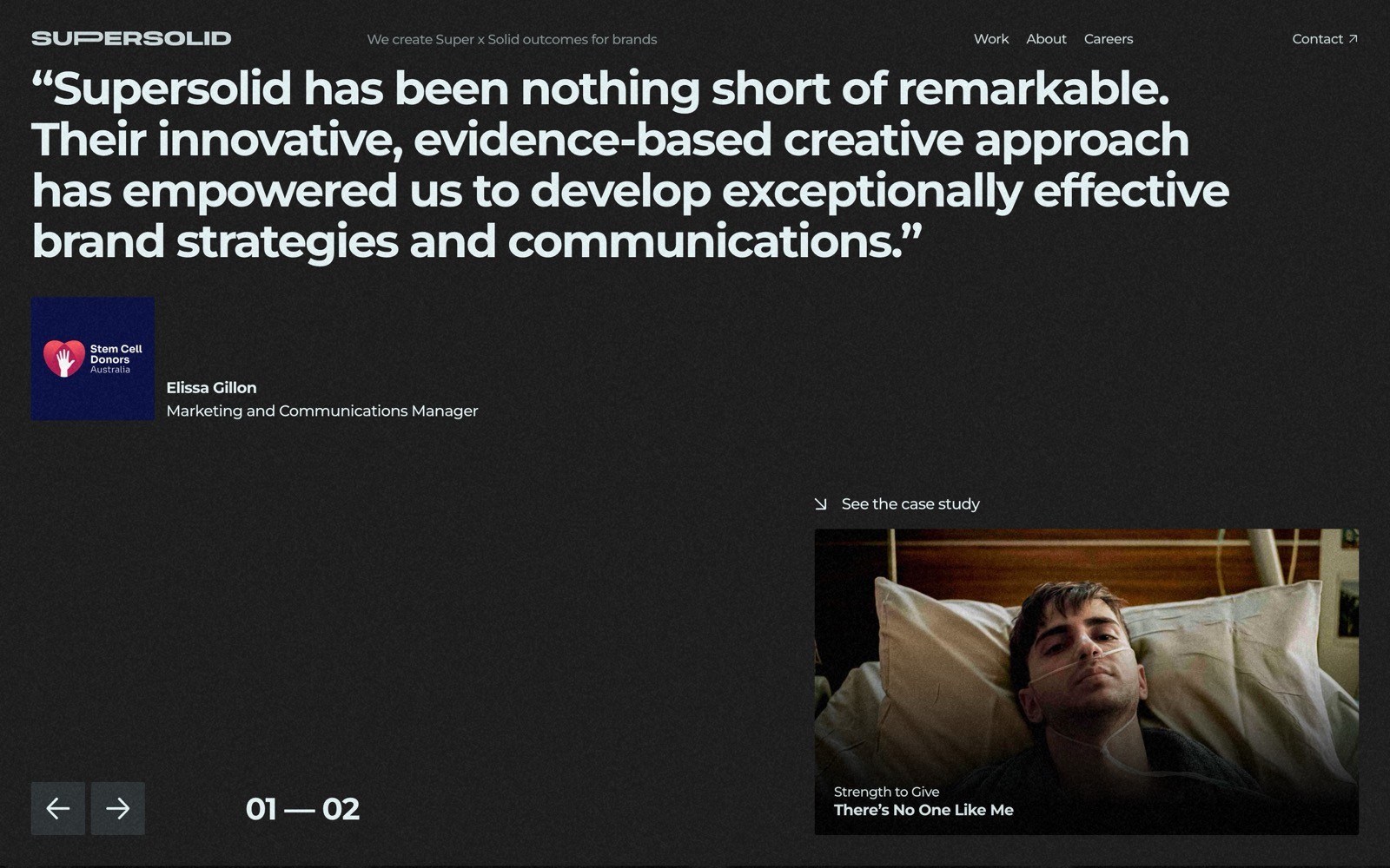 Quote about Supersolid's creative approach. Profile of Elissa Gillon. Smaller image of a person resting in bed, text "See the case study.