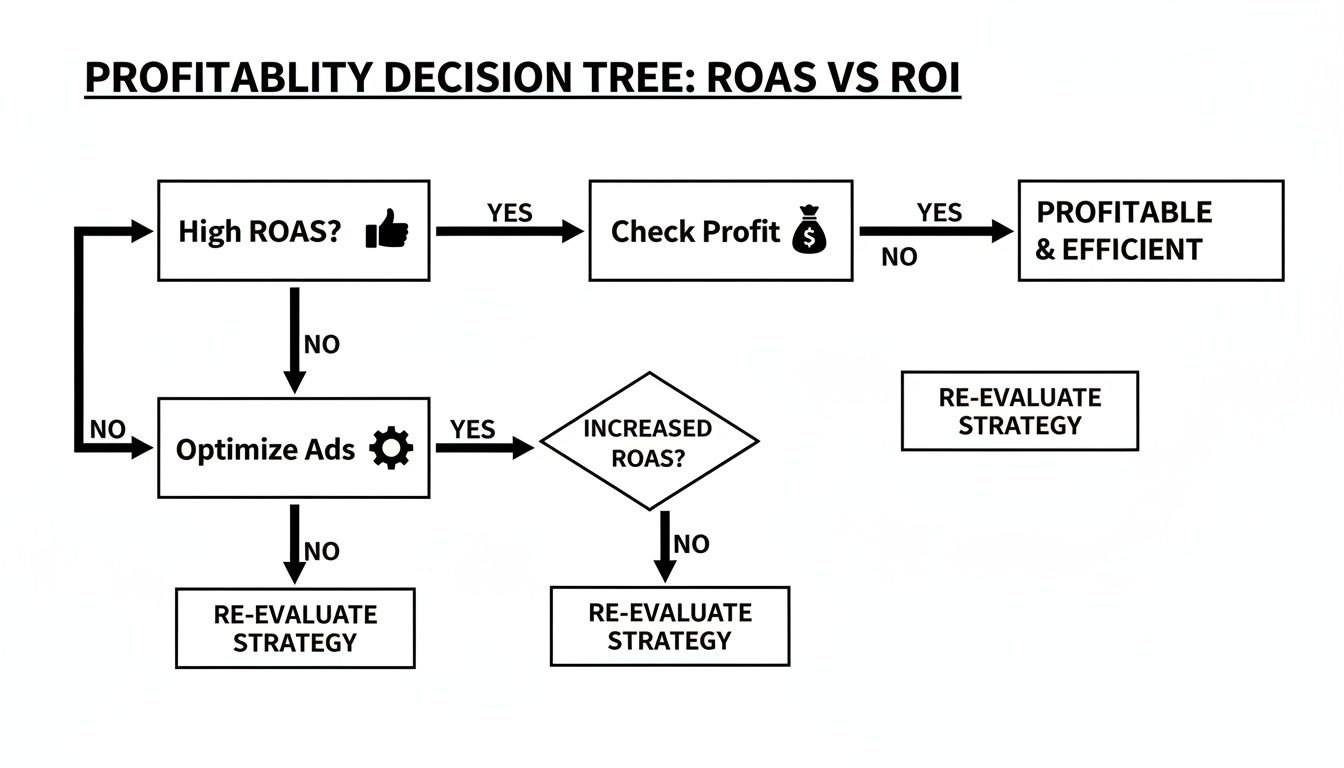 A profitability decision tree flowchart illustrating ROAS and ROI analysis for business strategy.