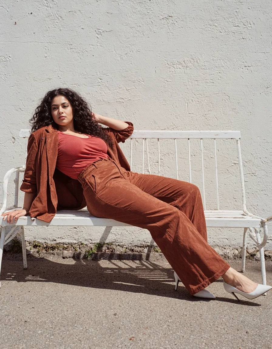 Fashion portrait featuring a monochromatic rust outfit with terracotta pants and jacket, styled on a white bench against a textured wall