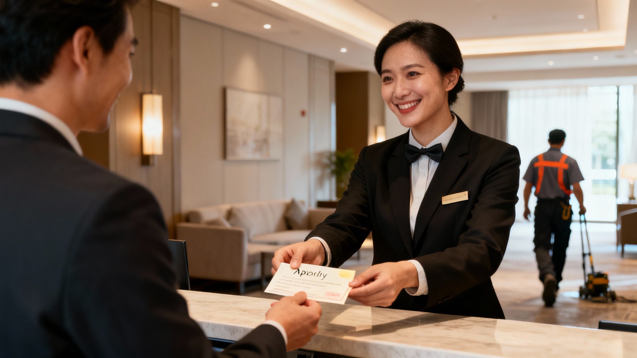 A smiling hotel receptionist hands a key card to a male guest at the check-in counter in a modern lobby.