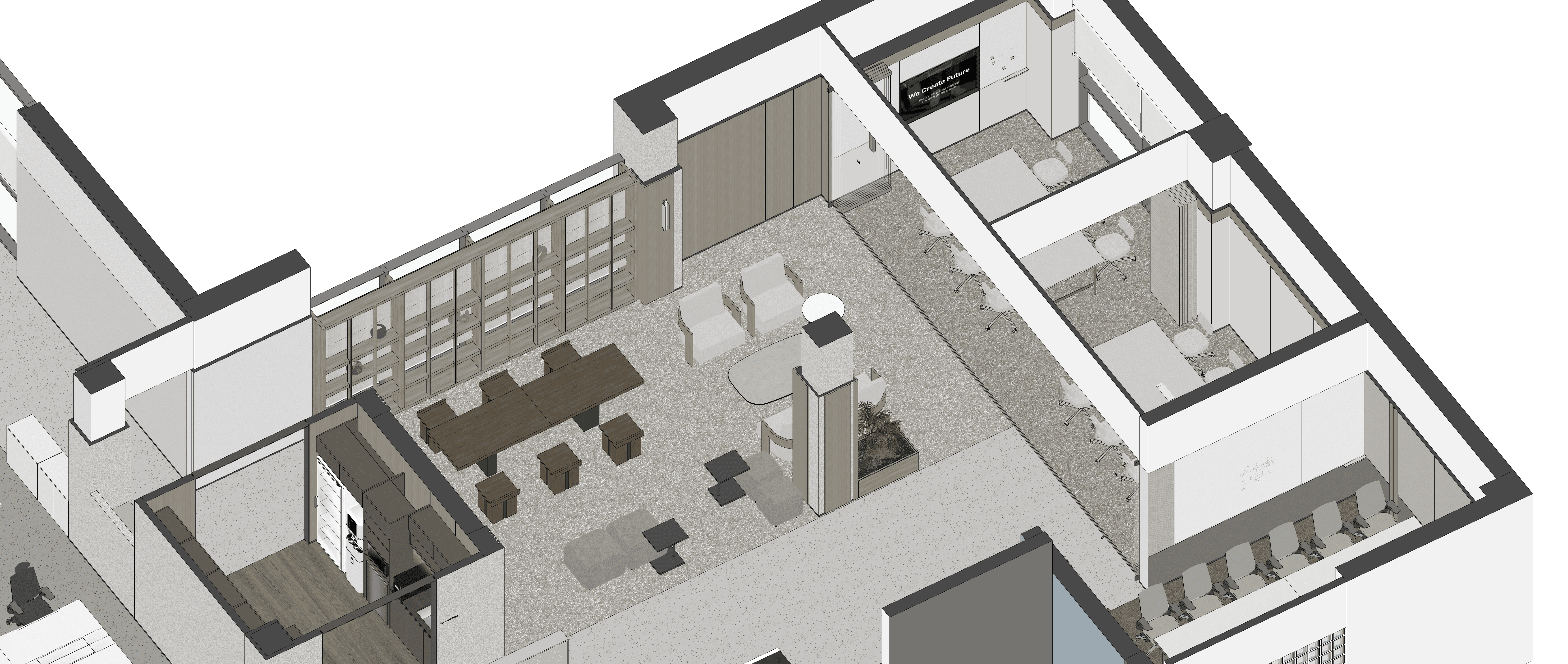 폴딩도어가 모두 열린 미팅룸을 내려다본 설계도면