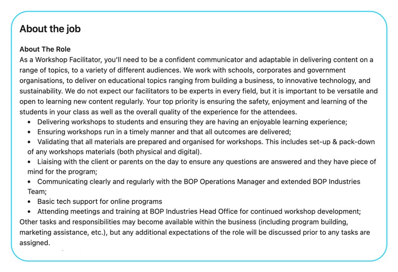 Workshop facilitator job listing detailing responsibilities for delivering educational workshops safely