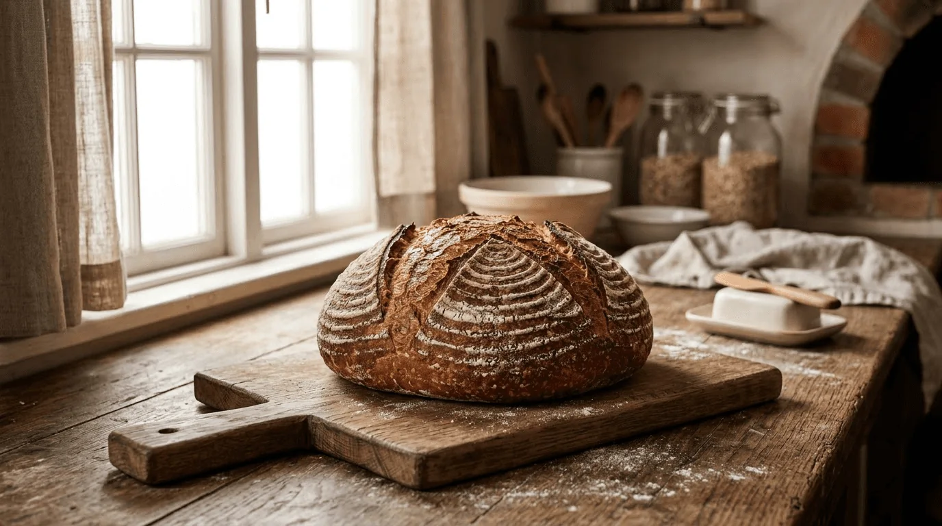 A round country loaf with a flour-dusted scored crust on a wooden board beside a sunlit bakery window.