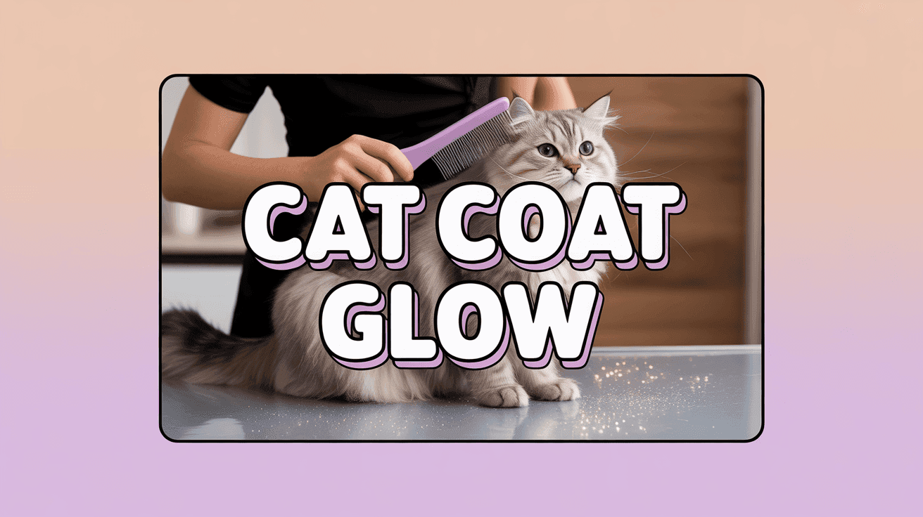 Groomer brushes long-haired cat with CAT COAT GLOW headline and sparkle effects