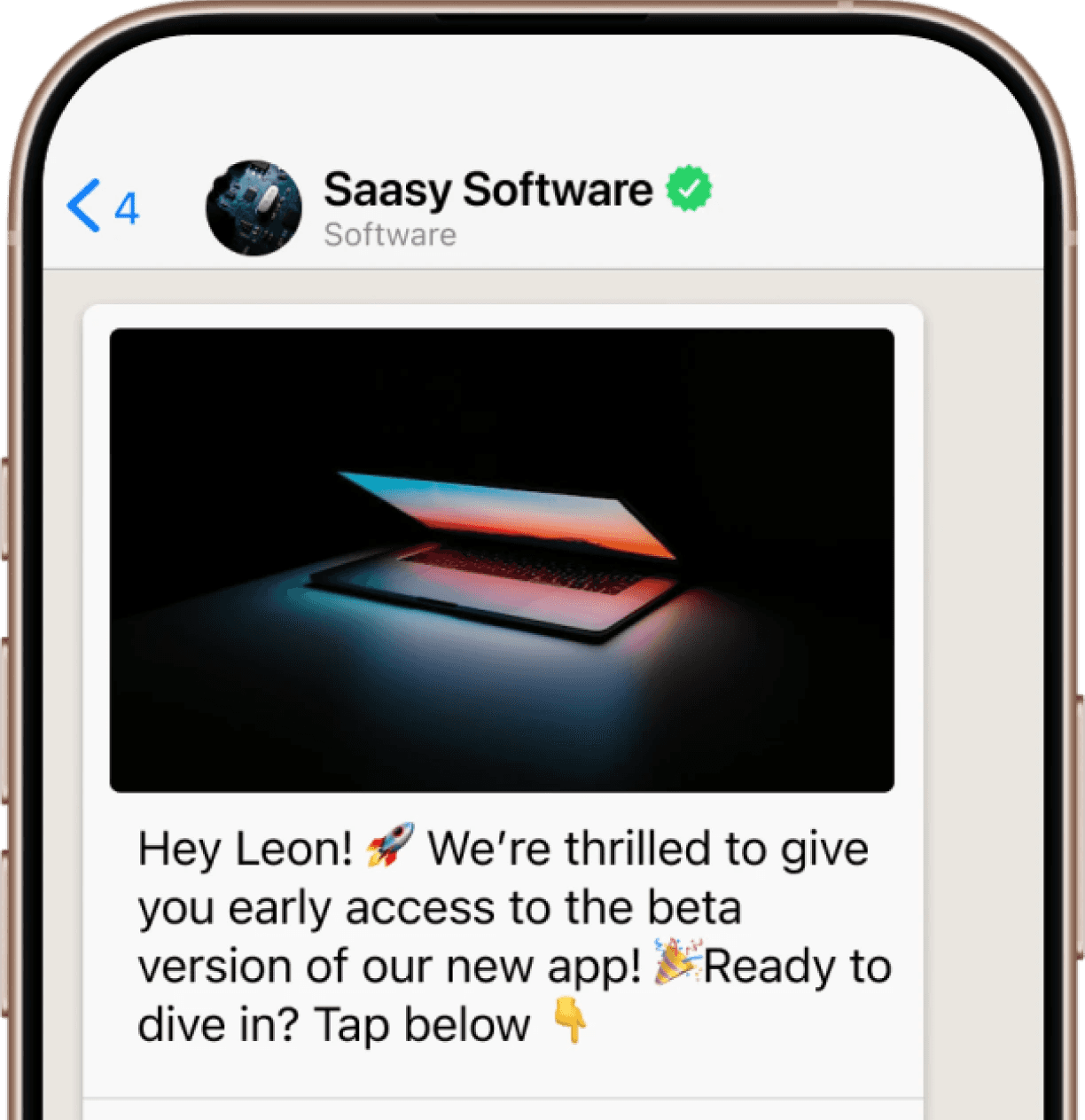 Phone screen with use case example of  WhatsApp promotion of product testing for a software company