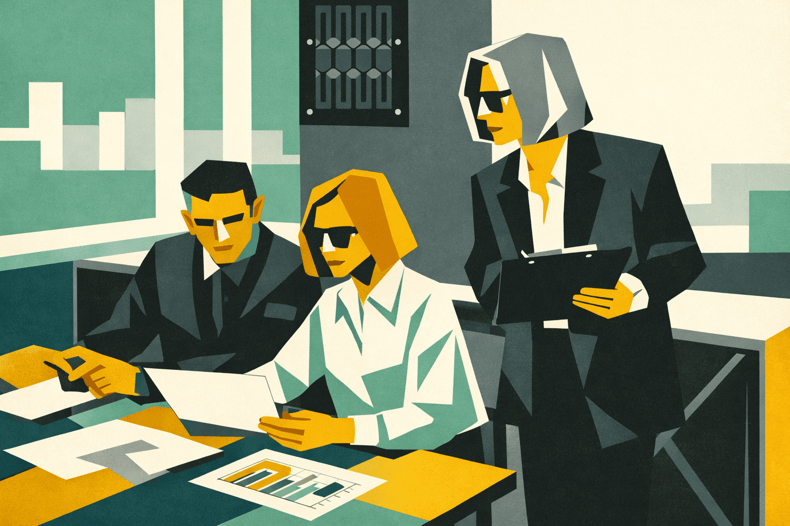 Manager e dirigenti che analizzano report e decisioni strategiche, alle prese con responsabilità elevate e ricerca di senso nel lavoro