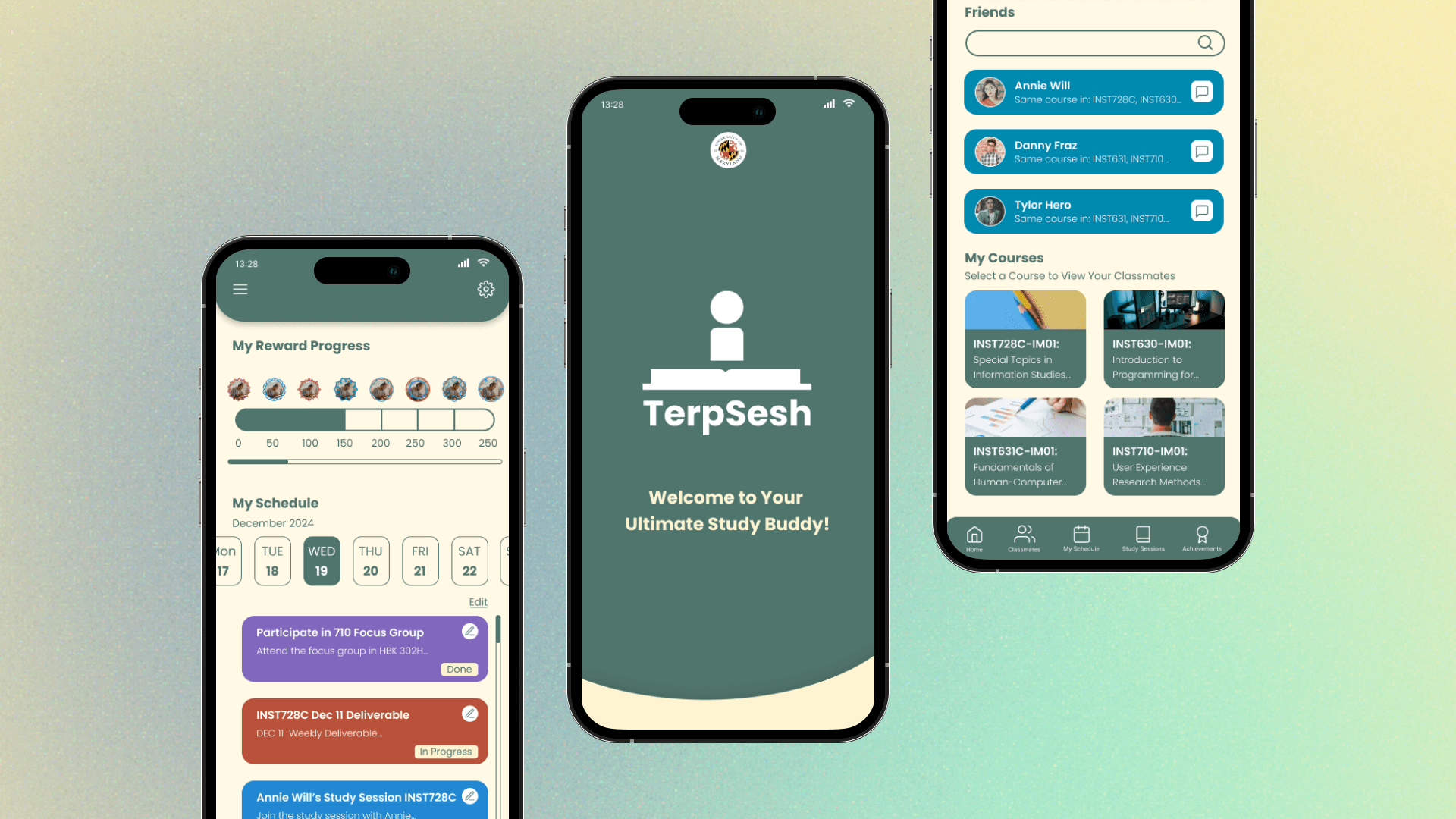 3 screens of the TerpSesh app shown on iPhones against a colorful background.