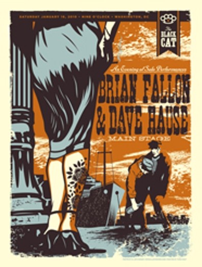 An old poster showing a ship and two drunken man holding each other while a leg tattooed woman is waiting near a stone pillar.