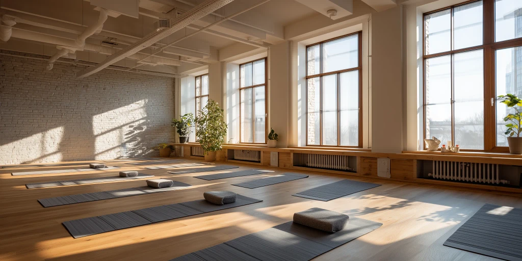 Sunlit studio with mats laid out