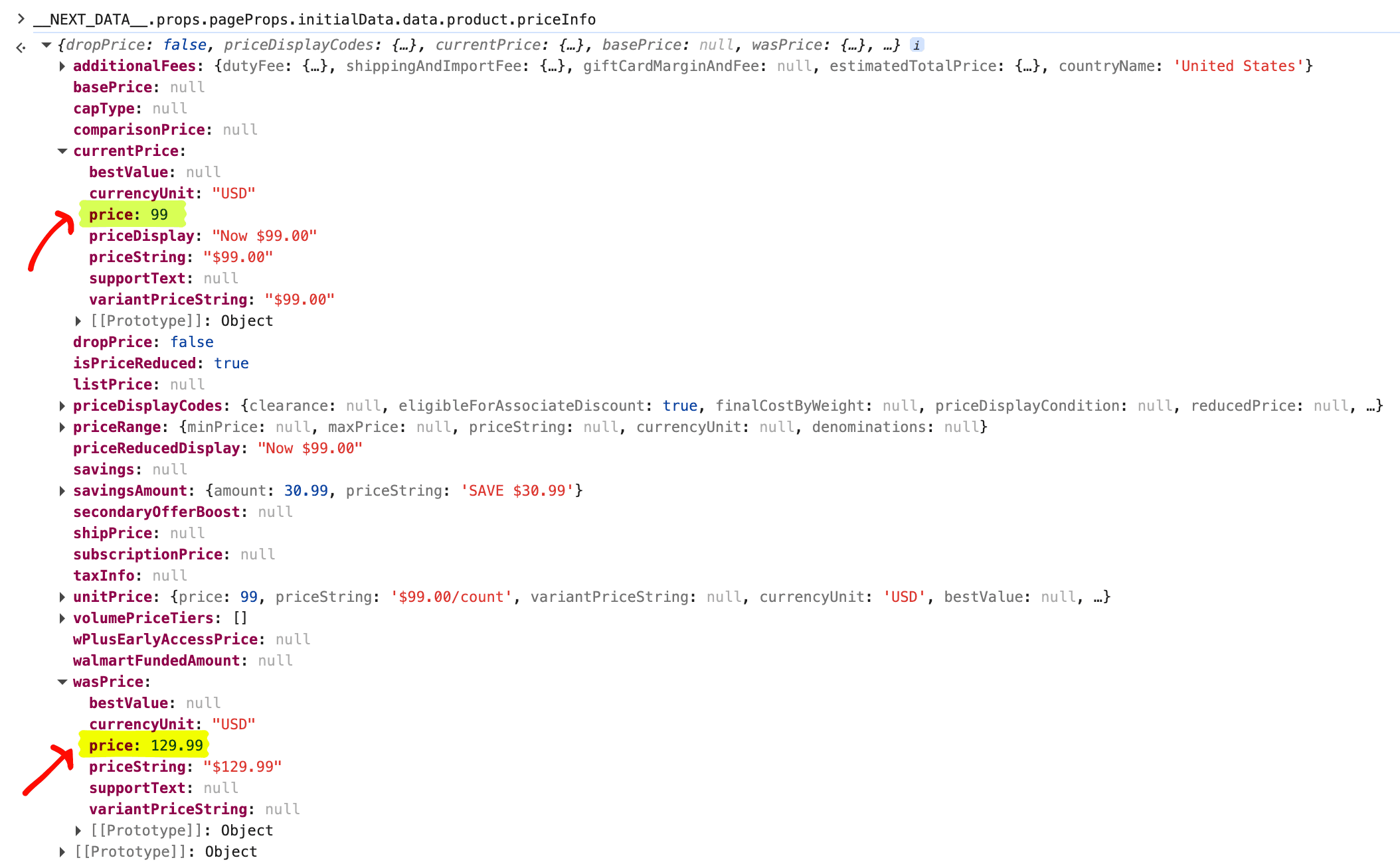 The parser reads props.pageProps.initialData.data.product.priceInfo.currentPrice.price from the __NEXT_DATA__ script tag. The same path works on most Walmart product pages. Here wasPrice is $129.99 (the prior price Walmart shows) and currentPrice.price is 99.