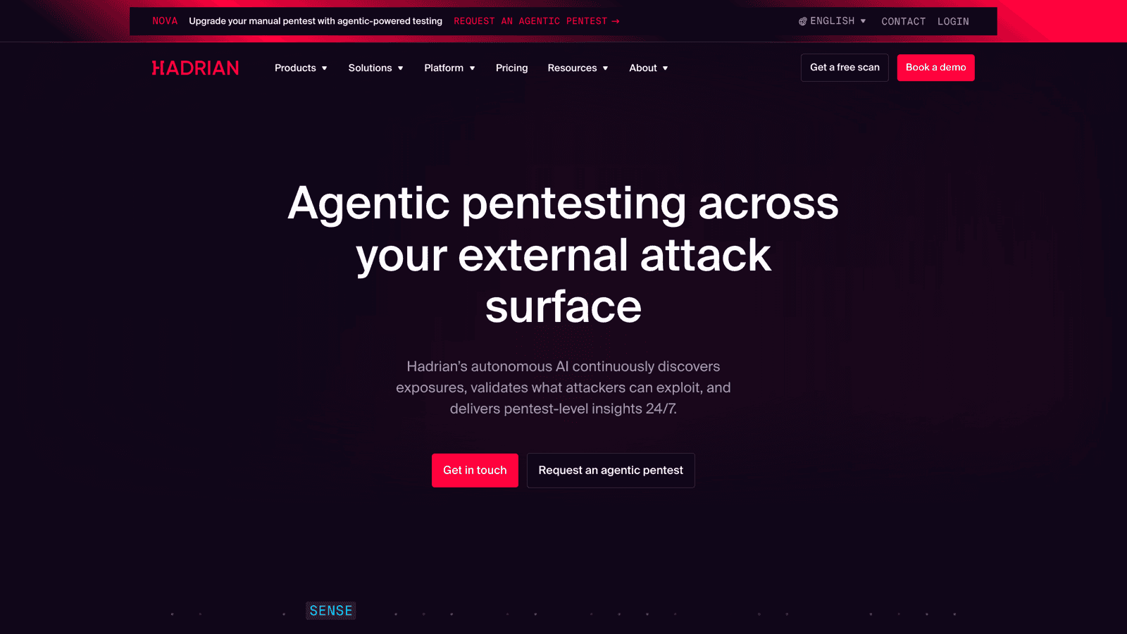 Hadrian homepage showing the agentic offensive security platform under the headline Agentic pentesting across your external attack surface