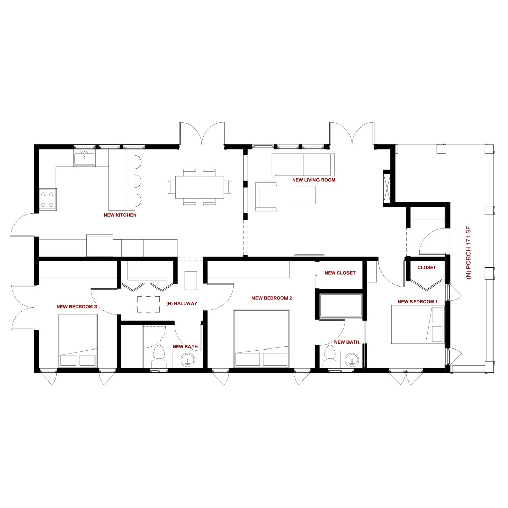 Three bedroom ADU floor plan layout