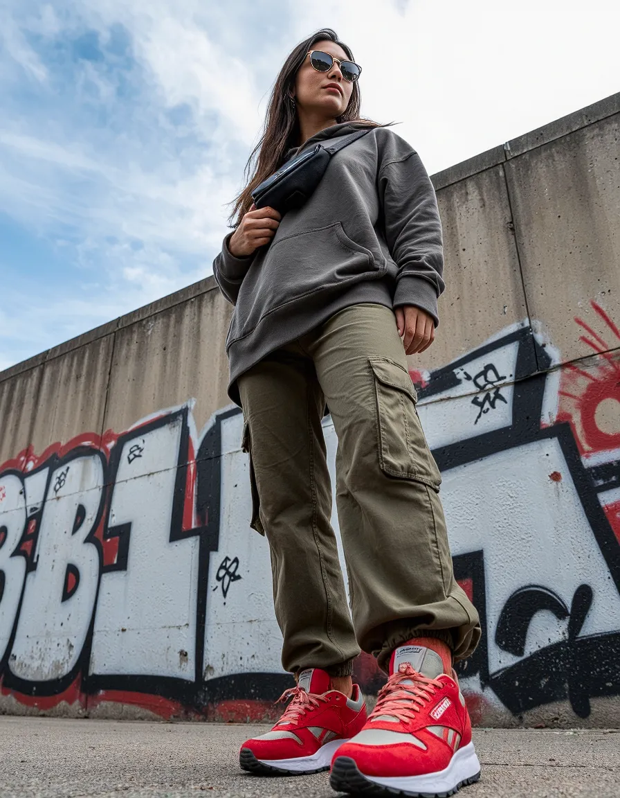 Low angle street style photography featuring bright red sneakers with khaki cargo pants and gray hoodie against urban graffiti wall