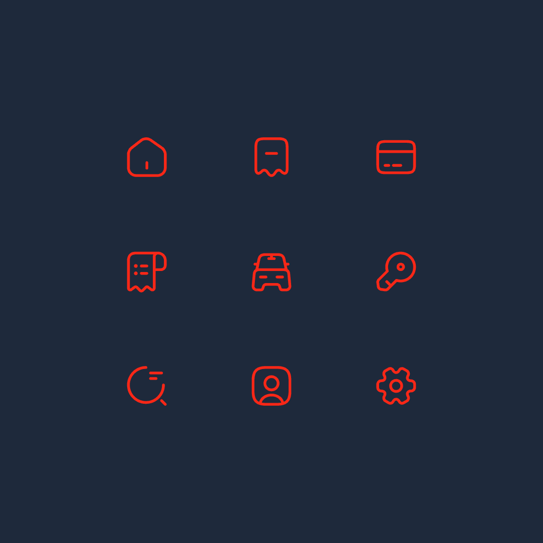 Icon set on dark navy background featuring nine red outline icons: home, receipt, credit card, itemised list, car, key, search, user profile, and settings.