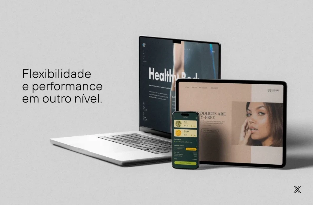 laptop, tablet e celular com sites na tela. texto: flexibilidade e performance em outro nível